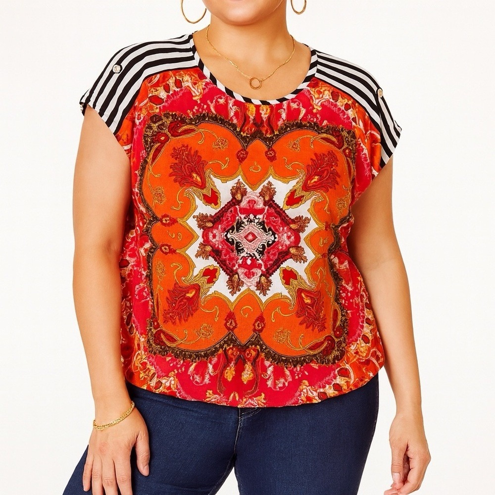 Alberto Makali Boho Paisley Blouse Top Red Orange Black Striped Trim Women M